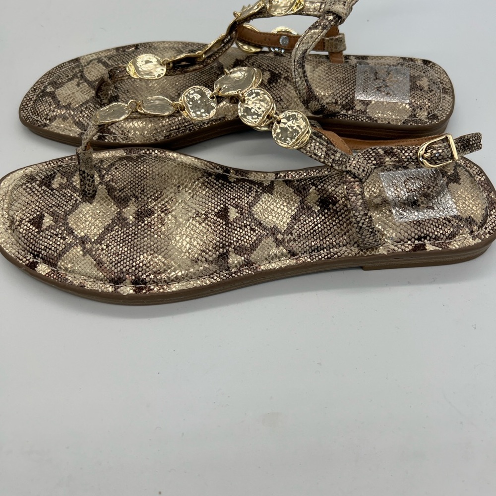 Gold Dolce Vita Snake-Print T-Strap Sandals with Gold Medallion Accents - Picture 3 of 4
